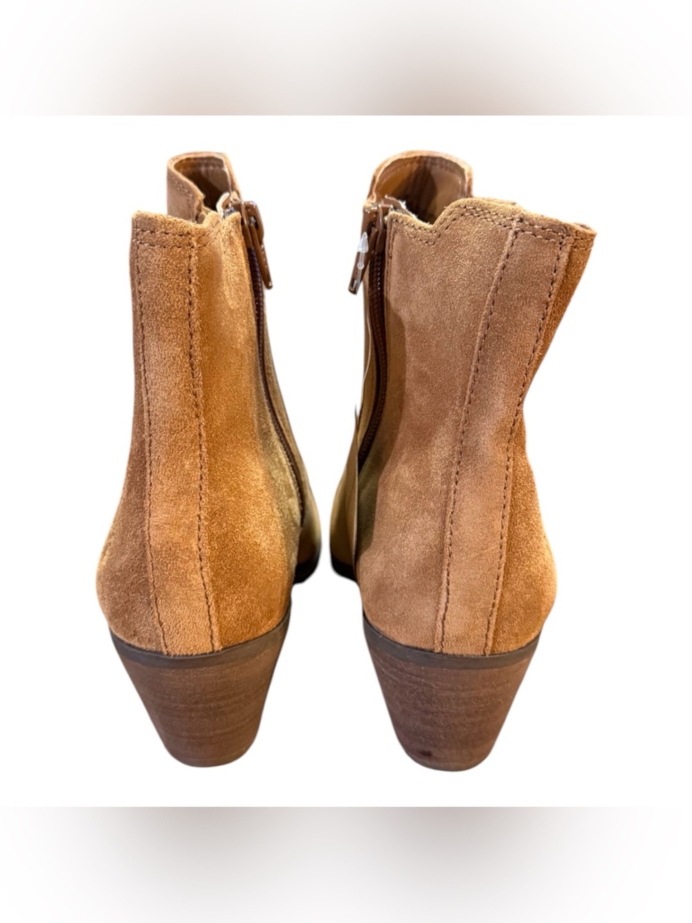 Frye Sandra Suede Chelsea Ankle Boots Cognac Brown Stacked Block Heel Size 7.5 - Picture 2 of 13